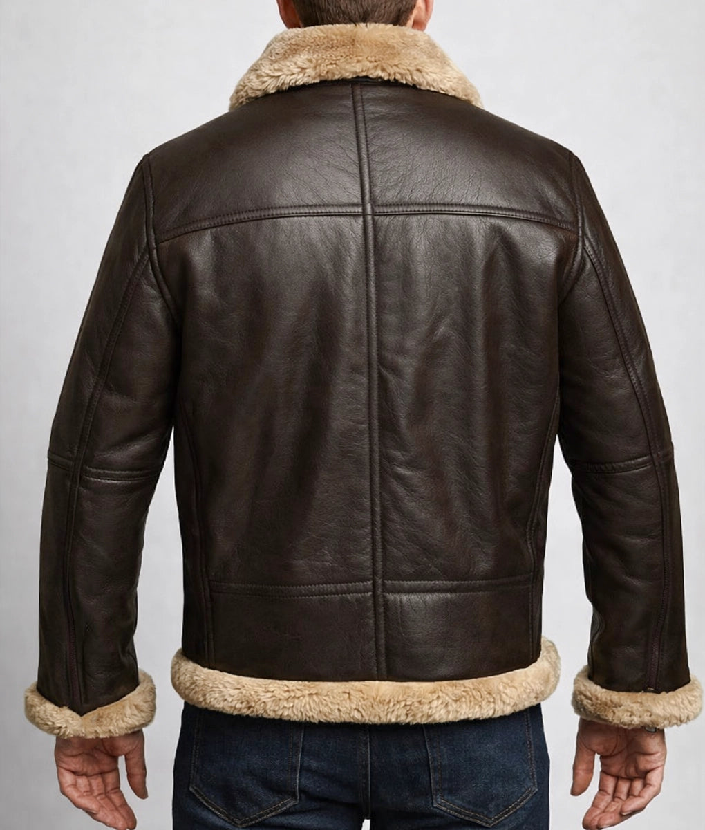 Brooks Men's Faux Fur Shearling Trim Dark Brown Leather Bomber Jacket | Men's Faux Fur Shearling Trim Dark Brown Leather Bomber Jacket-3