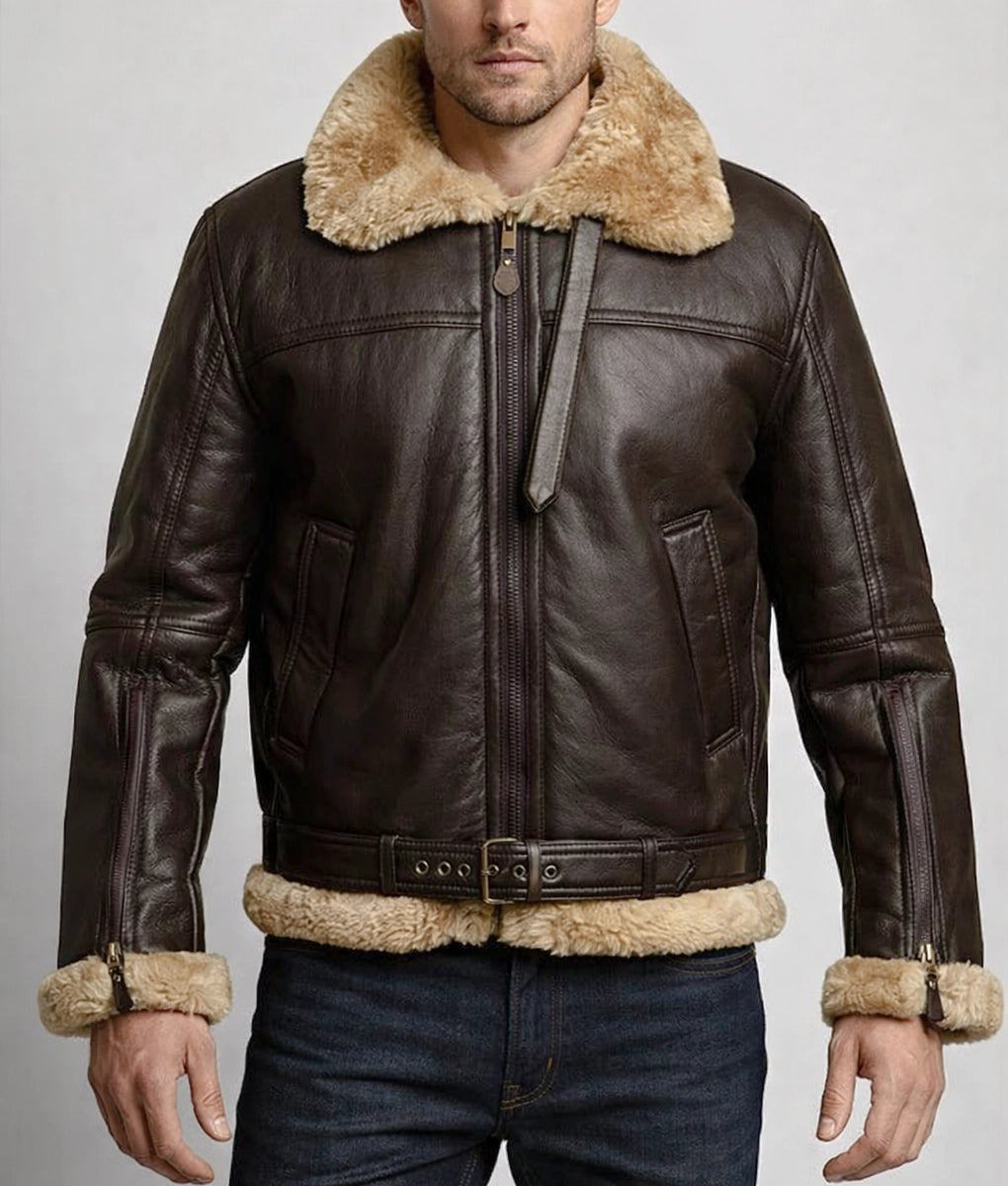 Brooks Men's Faux Fur Shearling Trim Dark Brown Leather Bomber Jacket | Men's Faux Fur Shearling Trim Dark Brown Leather Bomber Jacket-1