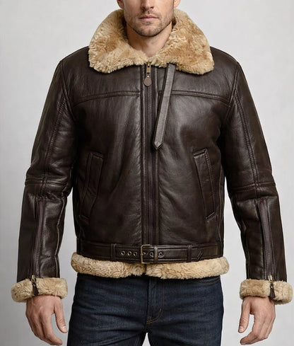 Brooks Men's Faux Fur Shearling Trim Dark Brown Leather Bomber Jacket | Men's Faux Fur Shearling Trim Dark Brown Leather Bomber Jacket-1