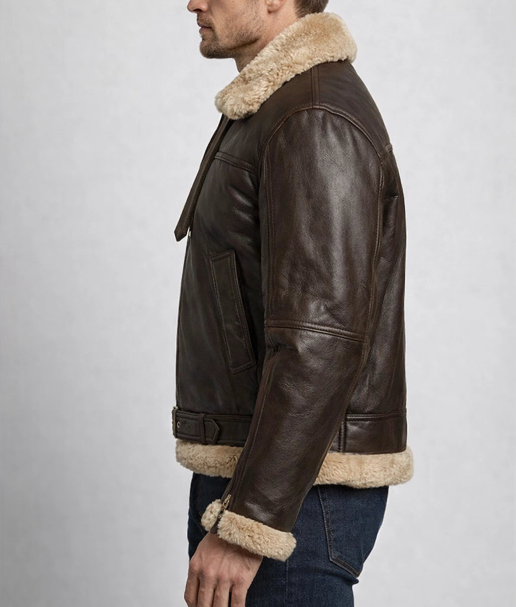 Brooks Men's Faux Fur Shearling Trim Dark Brown Leather Bomber Jacket | Men's Faux Fur Shearling Trim Dark Brown Leather Bomber Jacket-2