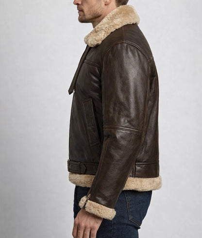 Brooks Men's Faux Fur Shearling Trim Dark Brown Leather Bomber Jacket | Men's Faux Fur Shearling Trim Dark Brown Leather Bomber Jacket-2