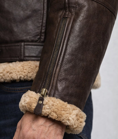 Brooks Men's Faux Fur Shearling Trim Dark Brown Leather Bomber Jacket | Men's Faux Fur Shearling Trim Dark Brown Leather Bomber Jacket-4