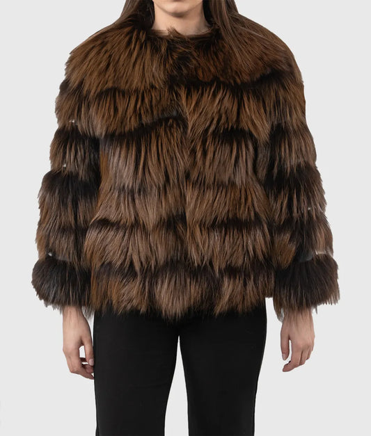 Buriele Women Brown Raccoon Fur Jacket