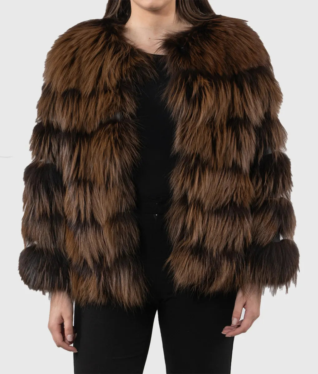 Buriele Women Brown Raccoon Fur Jacket