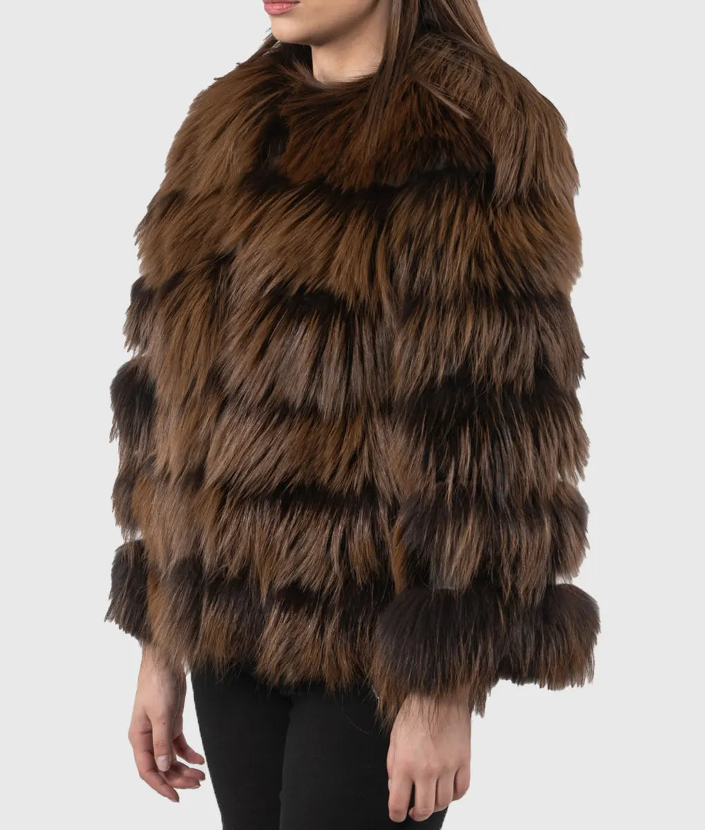 Buriele Women Brown Raccoon Fur Jacket