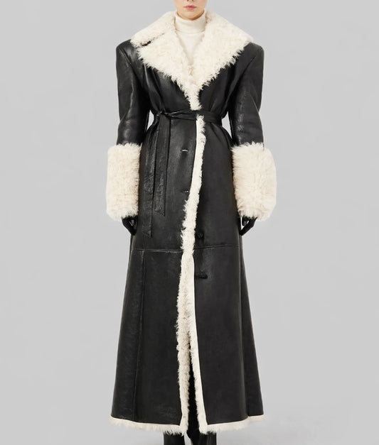 Camilla Women's Black Leather White Faux Fur Trim Coat