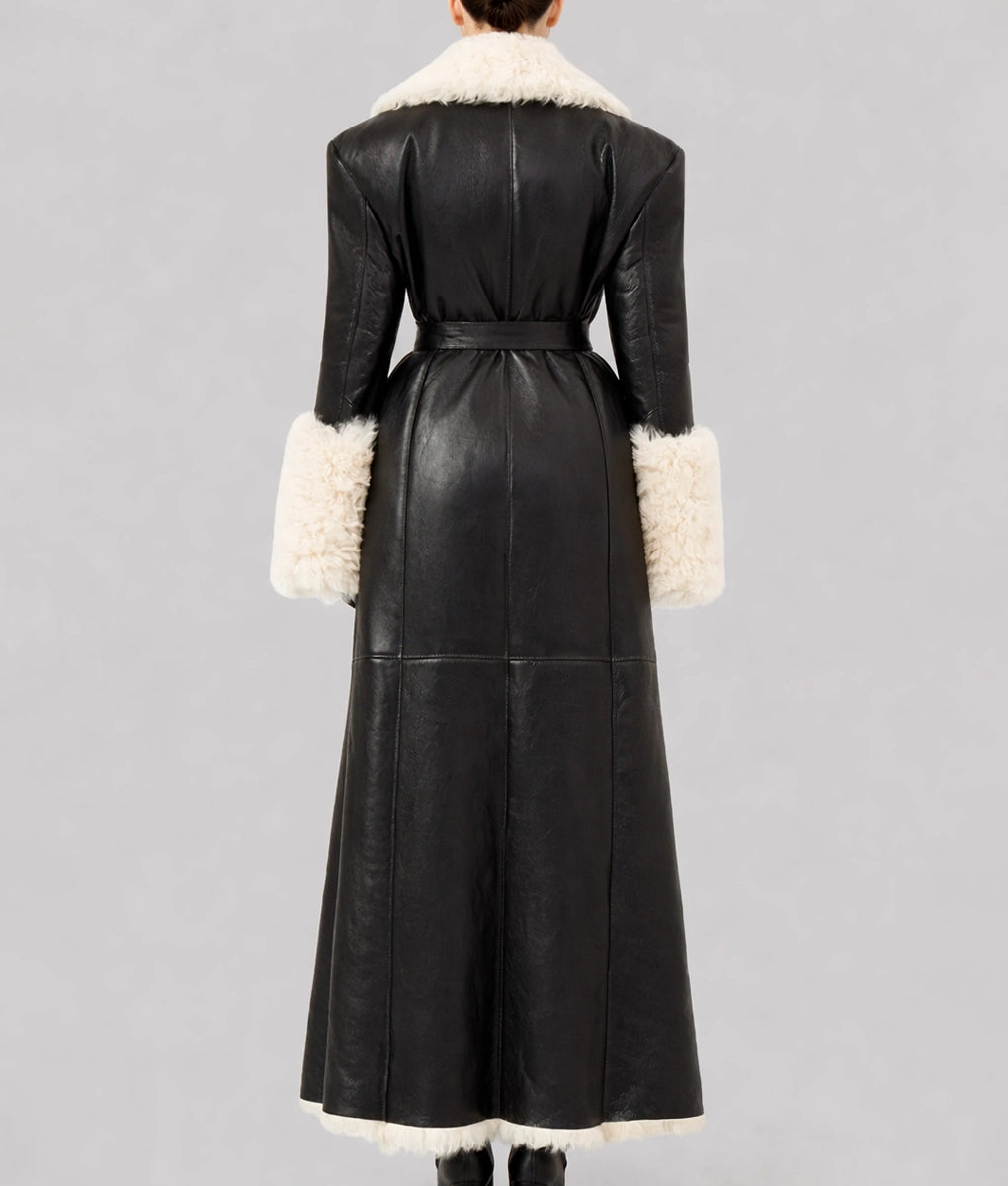 Camilla Women's Black Leather White Faux Fur Trim Coat