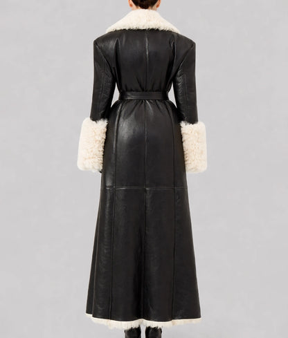 Camilla Women's Black Leather White Faux Fur Trim Coat