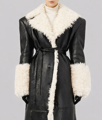 Camilla Women's Black Leather White Faux Fur Trim Coat
