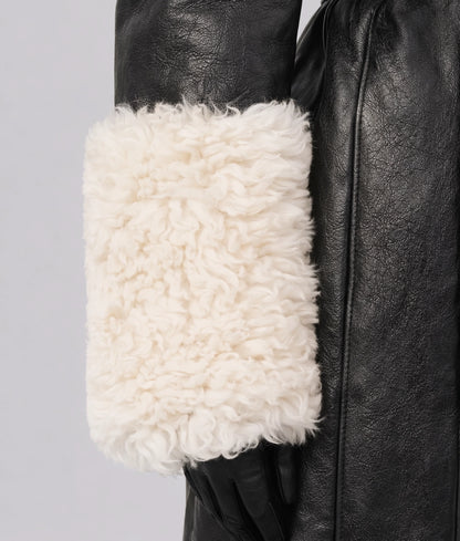 Camilla Women's Black Leather White Faux Fur Trim Coat