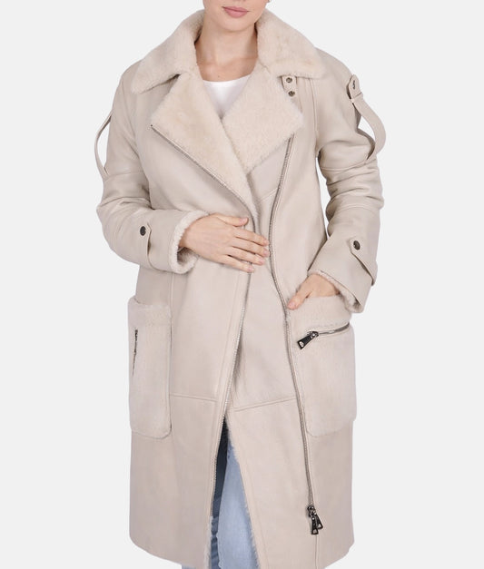Casey Women's Stone White Faux Fur Shearling Zipper Leather Coat | Women's Stone White Faux Fur Shearling Zipper Leather Coat-1