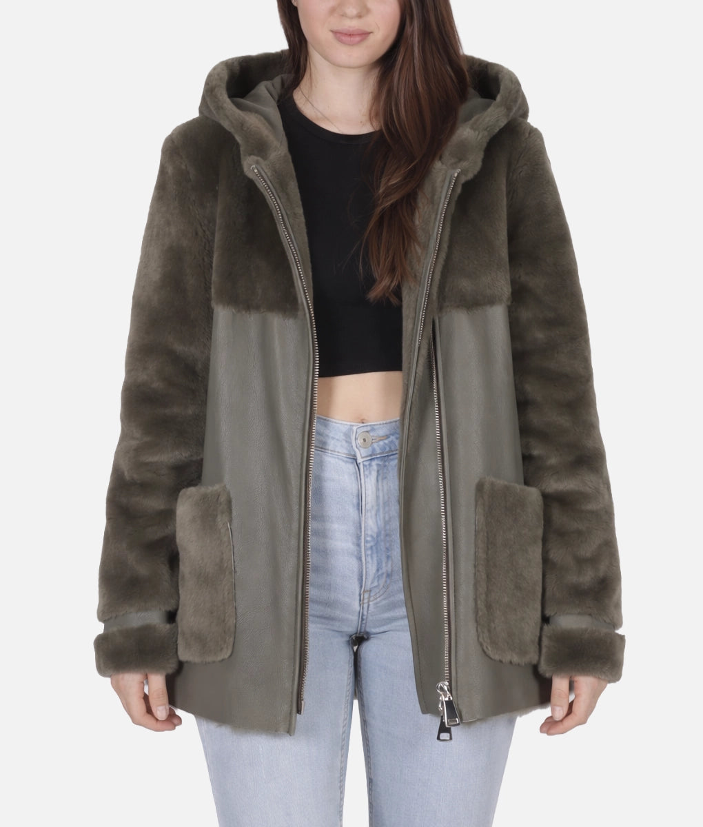 Celia Women's Olive Green Faux Fur Shearling Trim Hooded Leather Jacket | Women's Olive Green Faux Fur Shearling Trim Hooded Leather Jacket-1