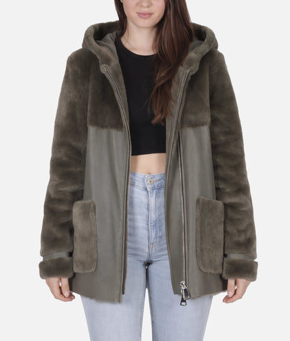 Celia Women's Olive Green Faux Fur Shearling Trim Hooded Leather Jacket | Women's Olive Green Faux Fur Shearling Trim Hooded Leather Jacket-1
