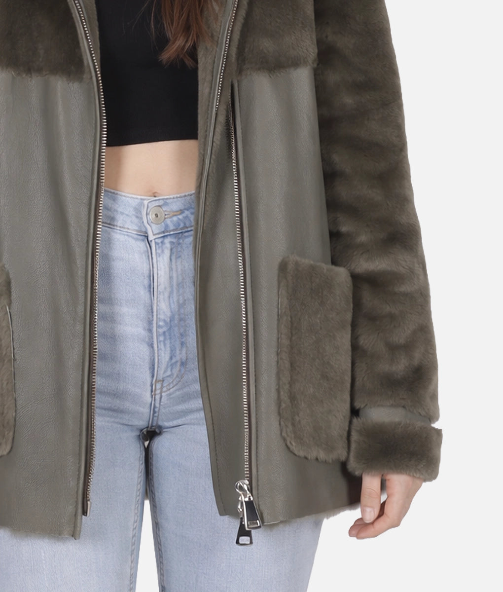 Celia Women's Olive Green Faux Fur Shearling Trim Hooded Leather Jacket | Women's Olive Green Faux Fur Shearling Trim Hooded Leather Jacket-3