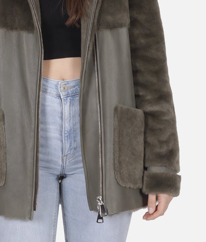 Celia Women's Olive Green Faux Fur Shearling Trim Hooded Leather Jacket | Women's Olive Green Faux Fur Shearling Trim Hooded Leather Jacket-3