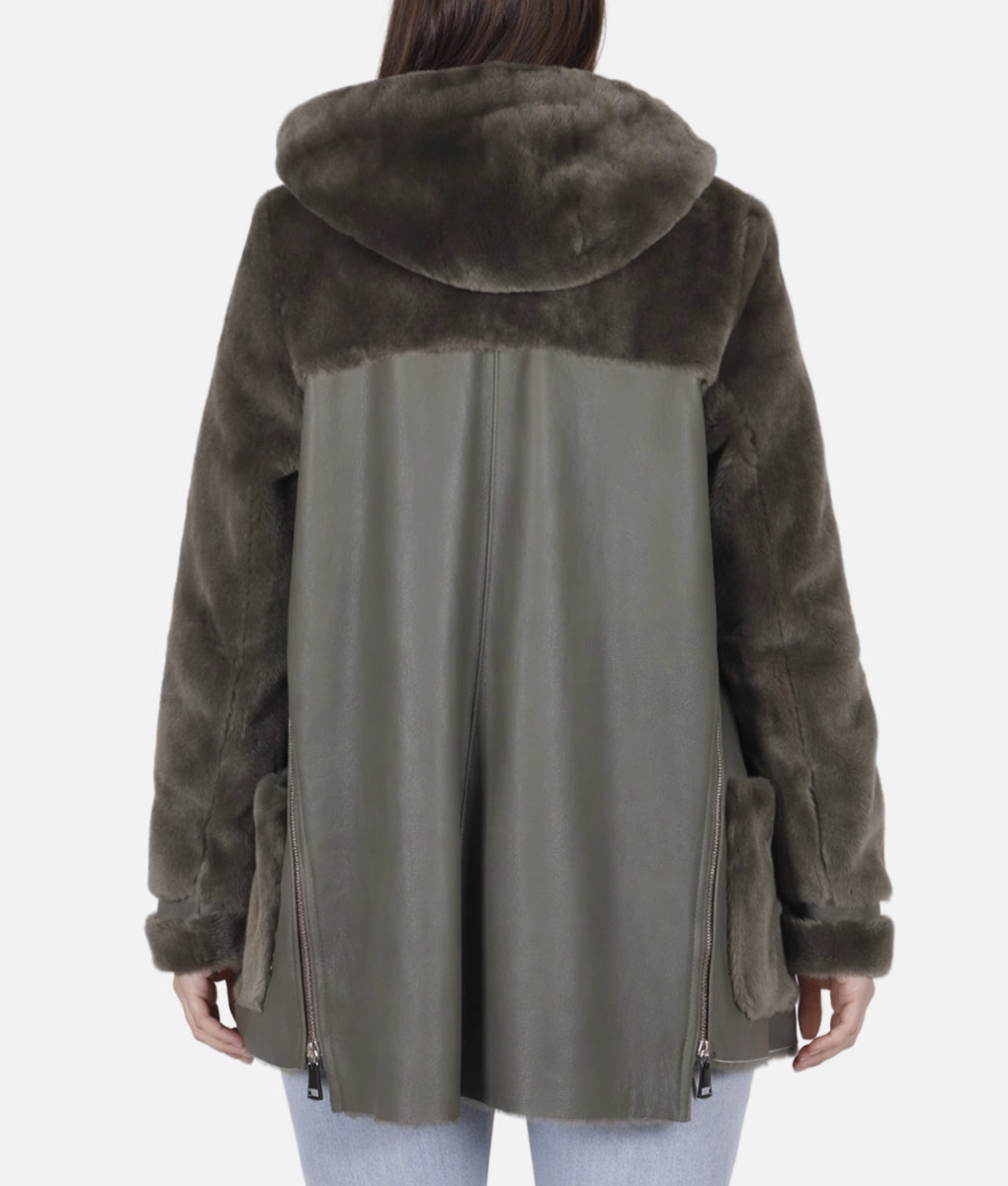 Celia Women's Olive Green Faux Fur Shearling Trim Hooded Leather Jacket | Women's Olive Green Faux Fur Shearling Trim Hooded Leather Jacket-2