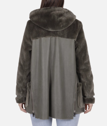Celia Women's Olive Green Faux Fur Shearling Trim Hooded Leather Jacket | Women's Olive Green Faux Fur Shearling Trim Hooded Leather Jacket-2