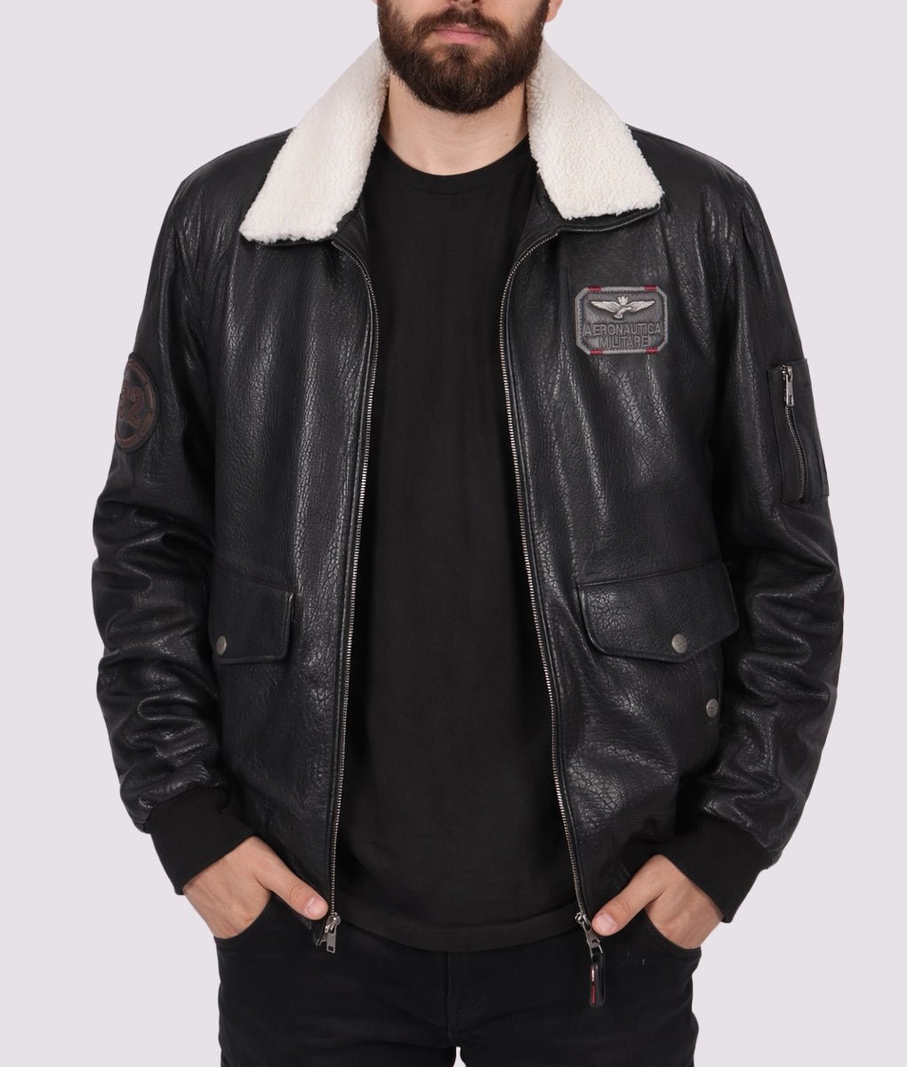 Champ Men's Black G-1 Bomber Faux Fur White Shearling Trim Leather Jacket | Men's Black G-1 Bomber Faux Fur White Shearling Trim Leather Jacket-1
