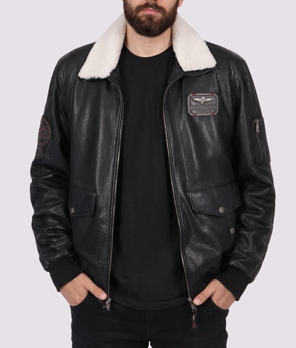 Champ Men's Black G-1 Bomber Faux Fur White Shearling Trim Leather Jacket | Men's Black G-1 Bomber Faux Fur White Shearling Trim Leather Jacket-1