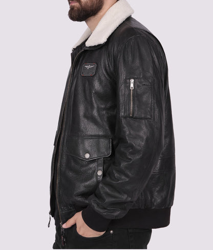 Champ Men's Black G-1 Bomber Faux Fur White Shearling Trim Leather Jacket | Men's Black G-1 Bomber Faux Fur White Shearling Trim Leather Jacket-2