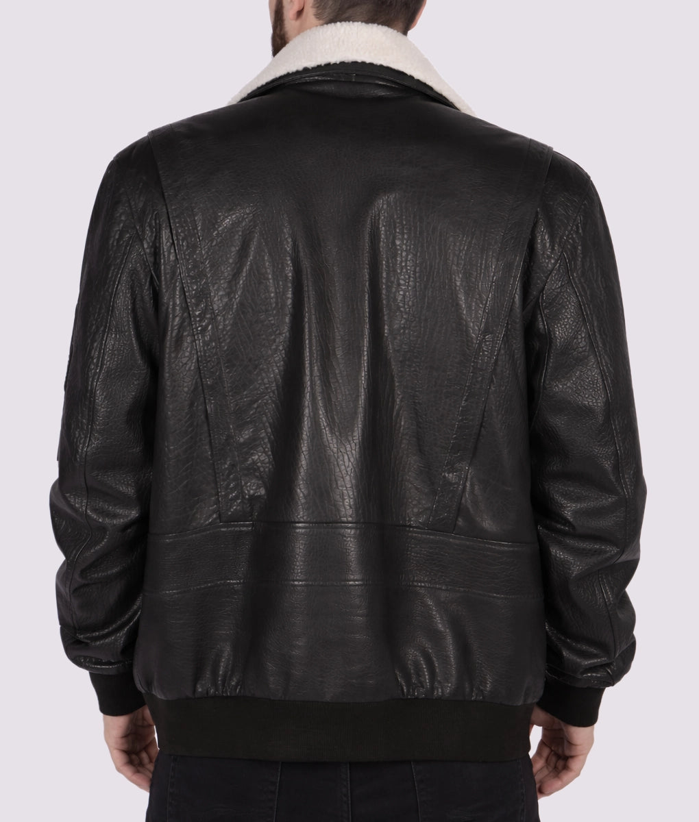 Champ Men's Black G-1 Bomber Faux Fur White Shearling Trim Leather Jacket | Men's Black G-1 Bomber Faux Fur White Shearling Trim Leather Jacket-3