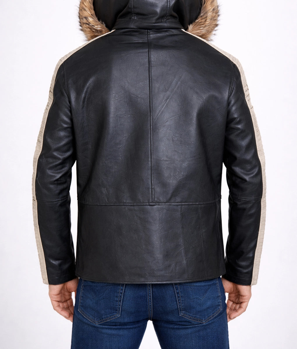 Charles Men's Black Faux Fur Trim Hooded Leather Jacket | Men's Black Faux Fur Trim Hooded Leather Jacket-3