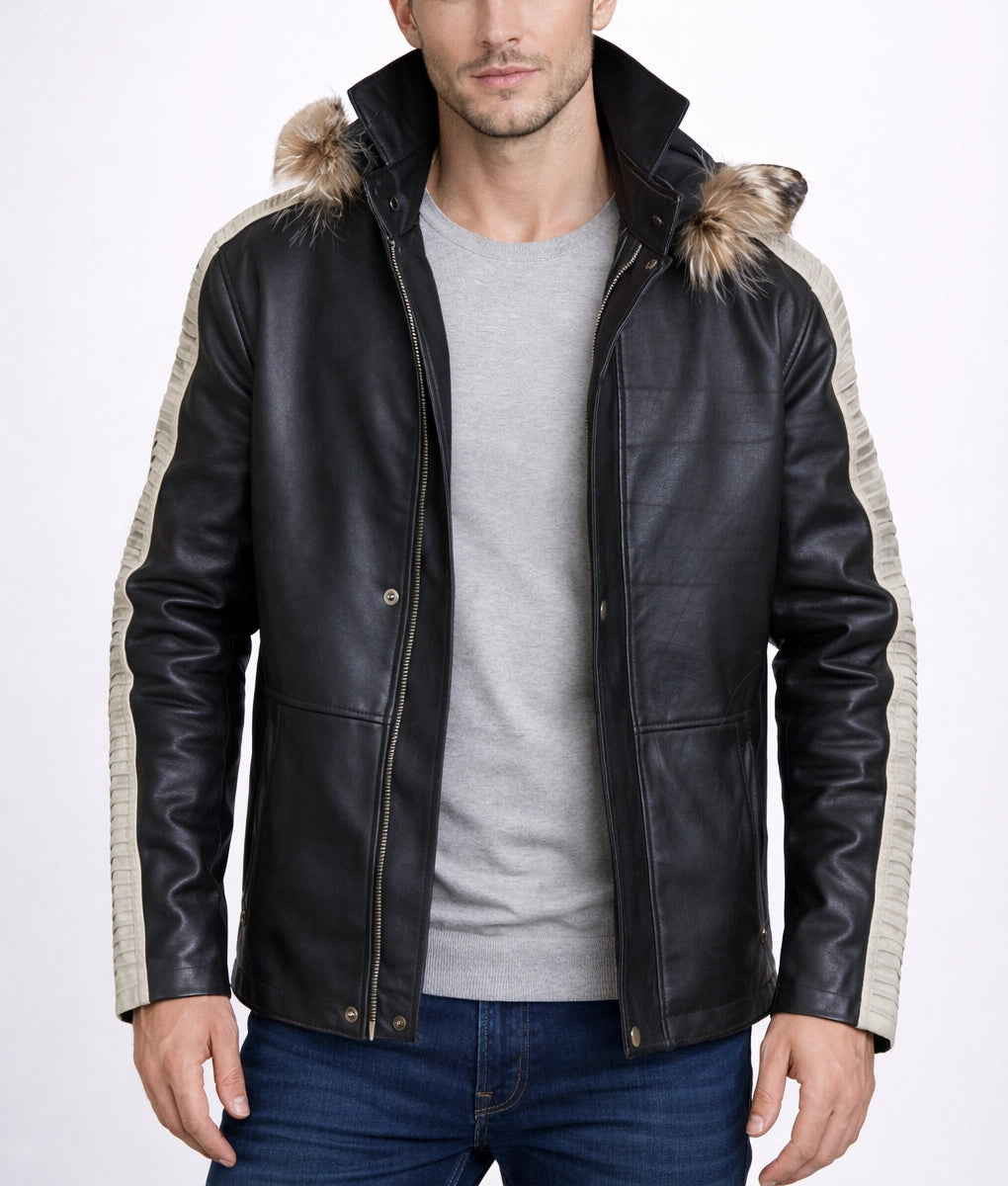 Charles Men's Black Faux Fur Trim Hooded Leather Jacket | Men's Black Faux Fur Trim Hooded Leather Jacket-1