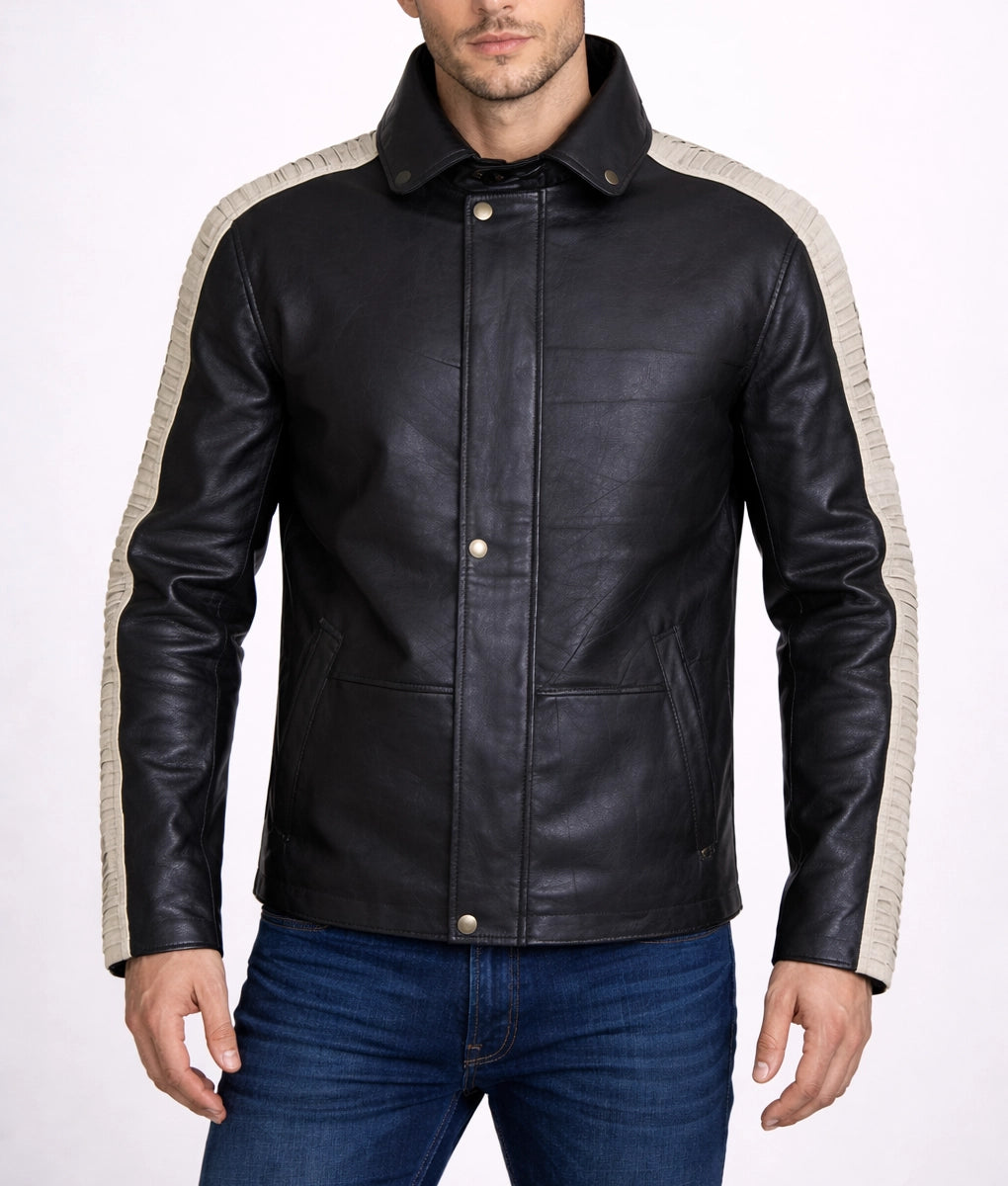 Charles Men's Black Faux Fur Trim Hooded Leather Jacket | Men's Black Faux Fur Trim Hooded Leather Jacket-2