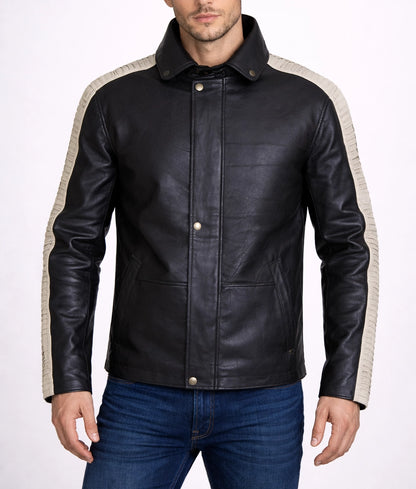 Charles Men's Black Faux Fur Trim Hooded Leather Jacket | Men's Black Faux Fur Trim Hooded Leather Jacket-2