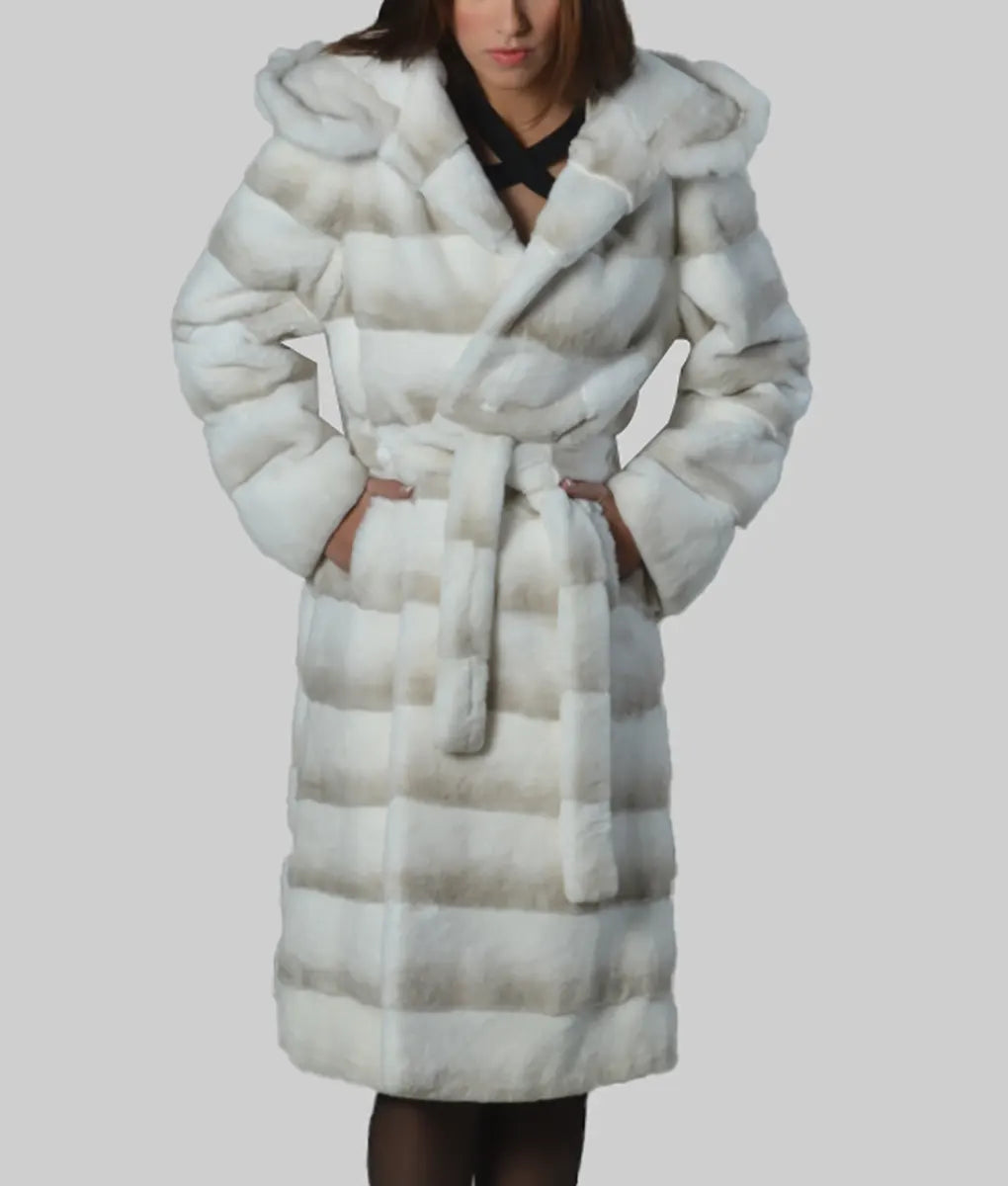 Cheri Women White Hooded Rex Rabbit Fur Coat - Women White Hooded Rex Rabbit Fur Coat-1