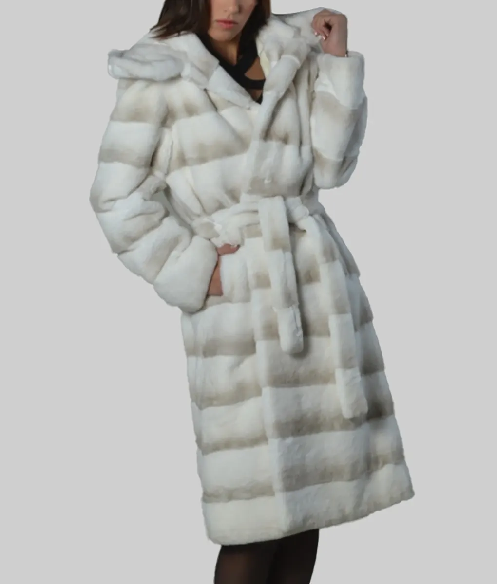 Cheri Women White Hooded Rex Rabbit Fur Coat - Women White Hooded Rex Rabbit Fur Coat-2