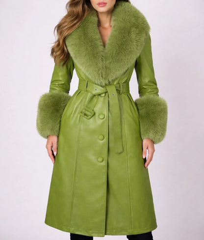 Claire Women's Green Leather Faux Fur Trim Trench Coat