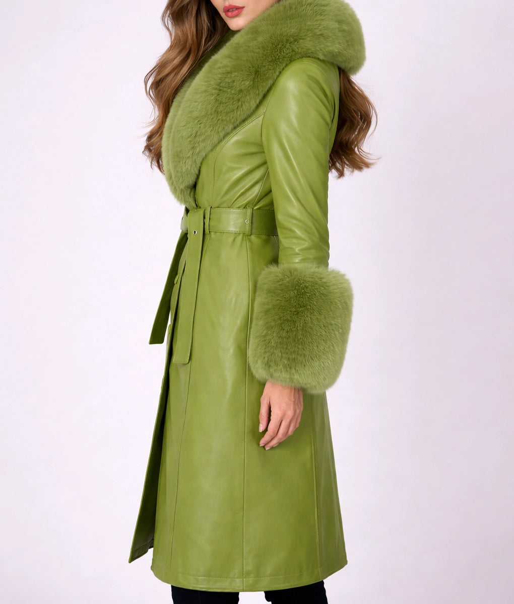 Claire Women's Green Leather Faux Fur Trim Trench Coat
