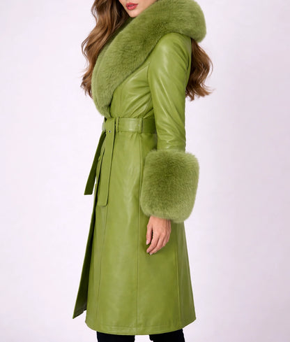 Claire Women's Green Leather Faux Fur Trim Trench Coat