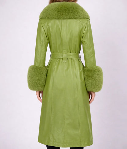 【本毛皮✨️リアルファー】 希少カラー 緑ROTINY トレンチコー フォックス Claire Women's Green Leather Faux Fur Trim Trench Coat| Real Fur Store