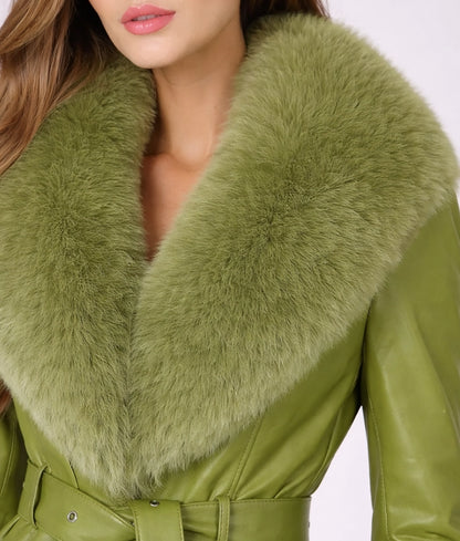 Claire Women's Green Leather Faux Fur Trim Trench Coat