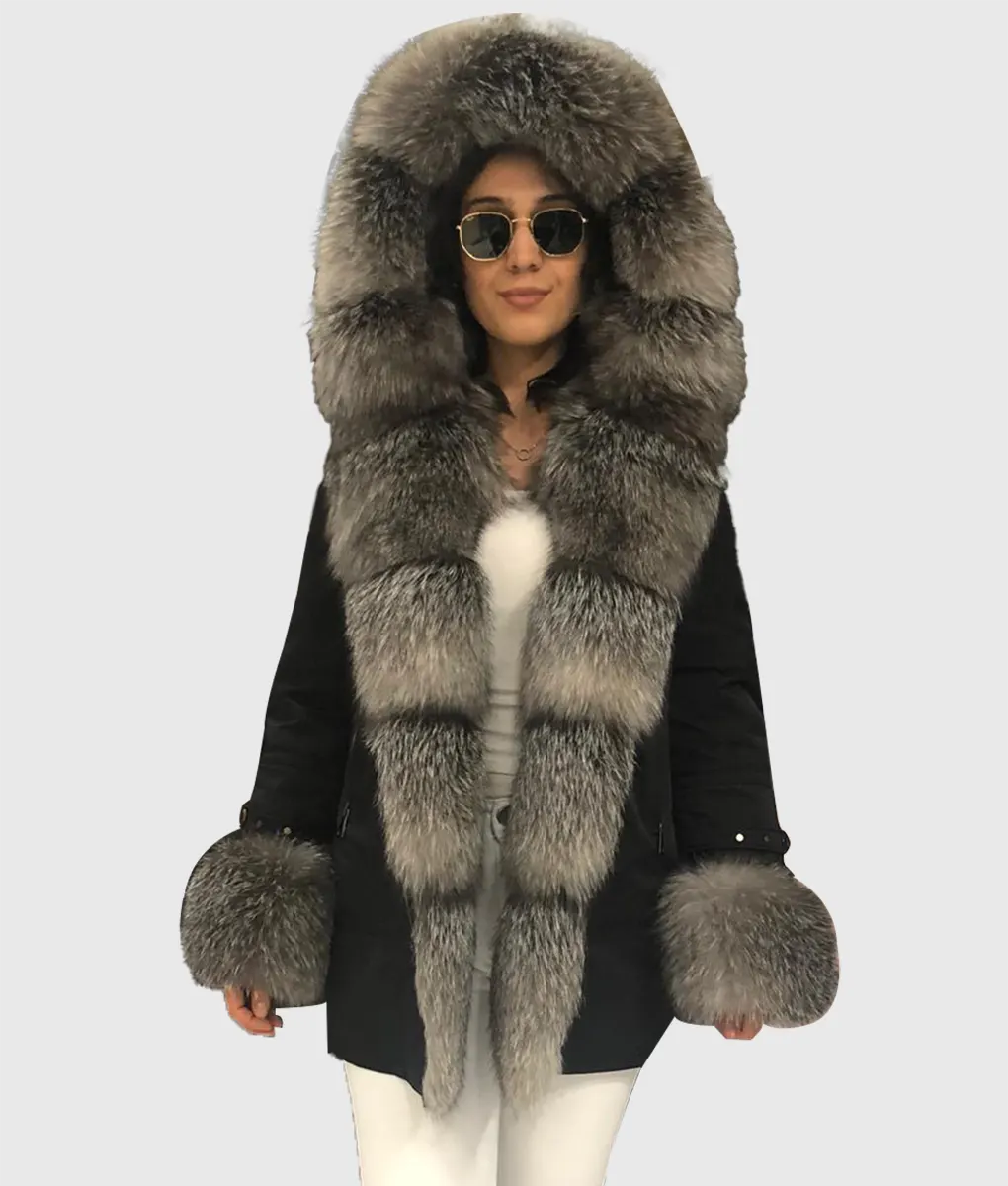 Cox Women Black Fox Fur Coat Long Trim With Hood-2