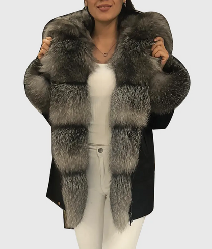 Cox Women Black Fox Fur Coat Long Trim With Hood-3