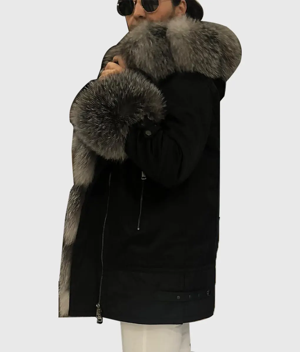 Cox Women Black Fox Fur Coat Long Trim With Hood-1