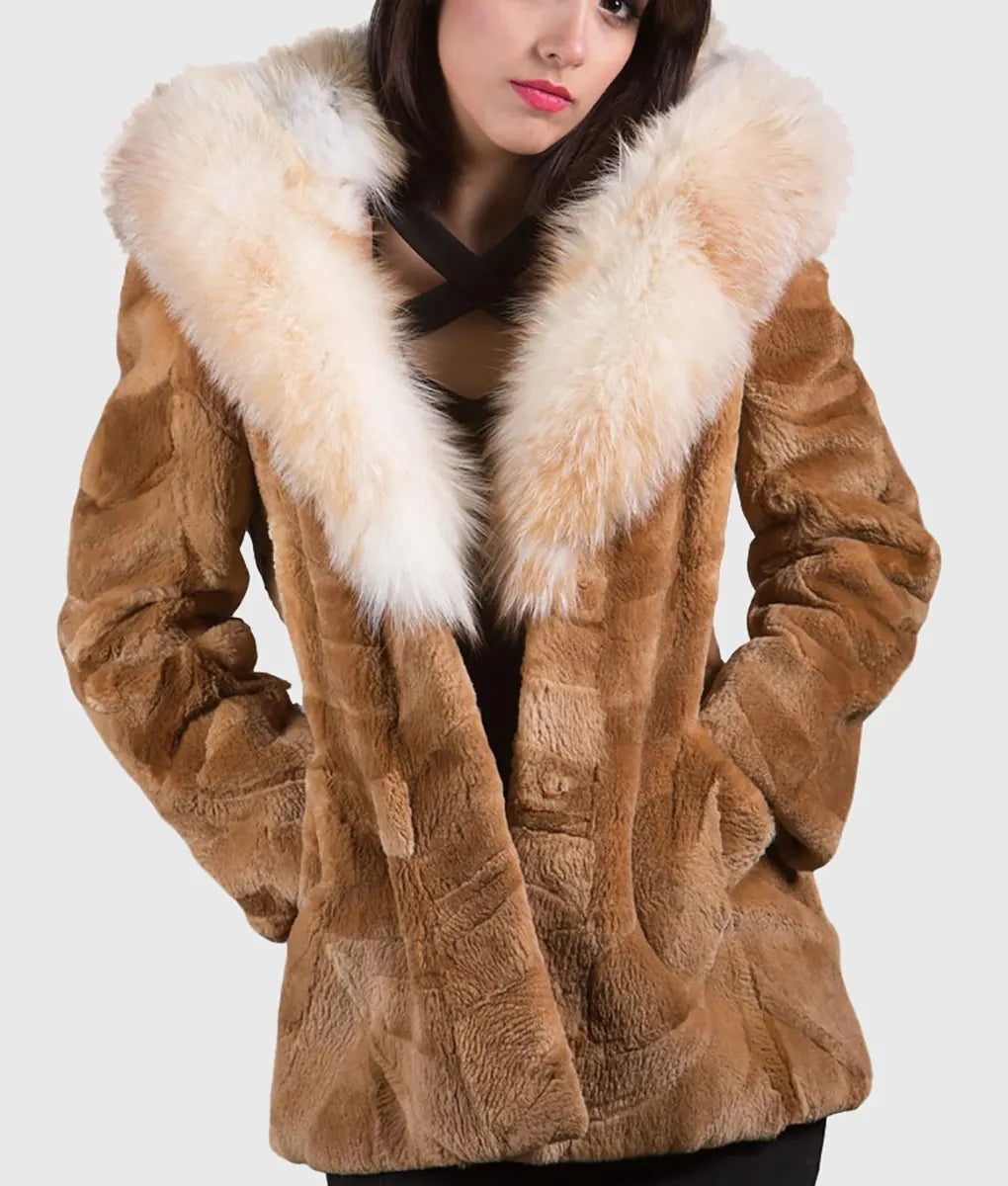 Creme Women Brown Hooded Beaver Fur Coat