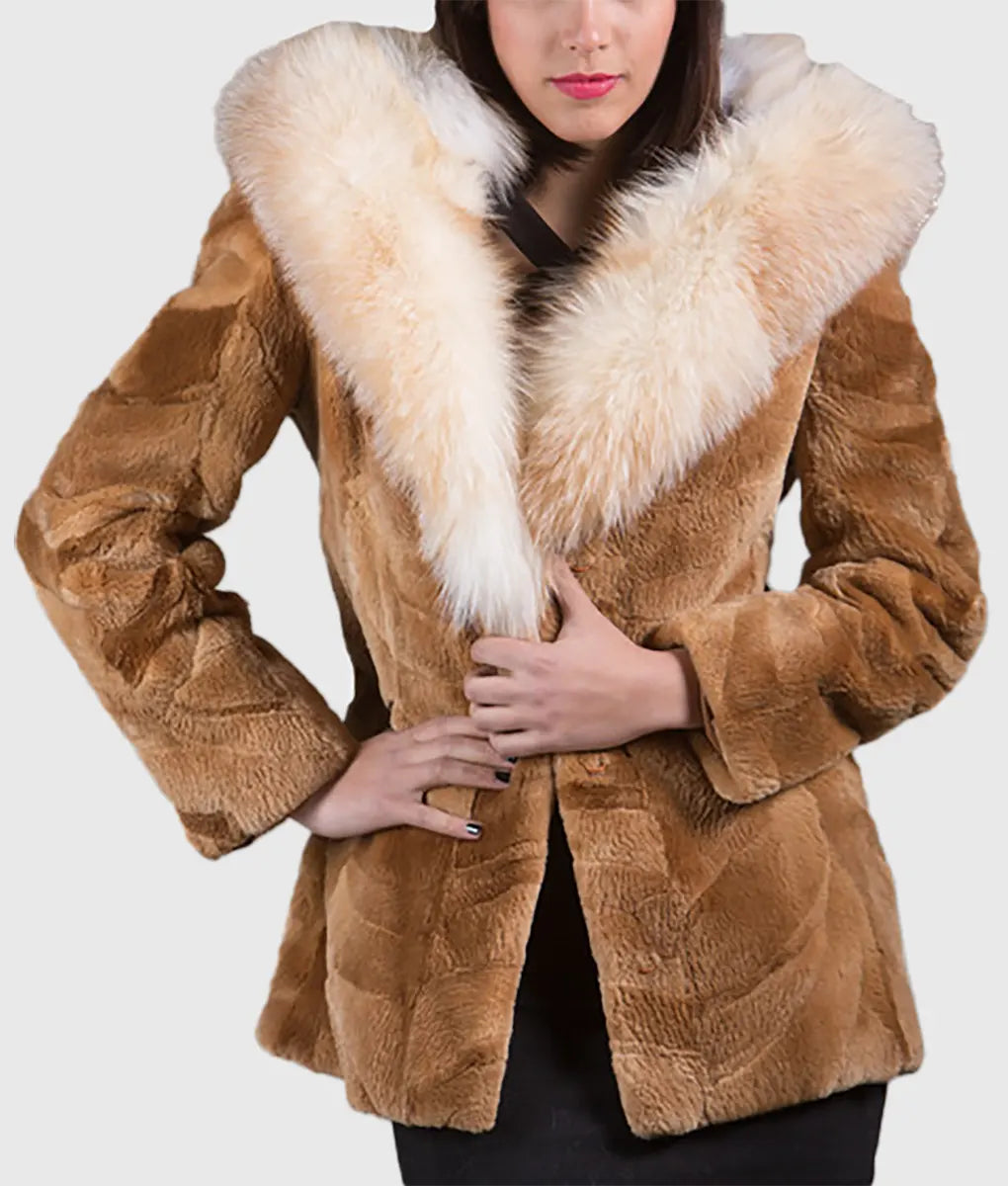 Creme Women Brown Hooded Beaver Fur Coat