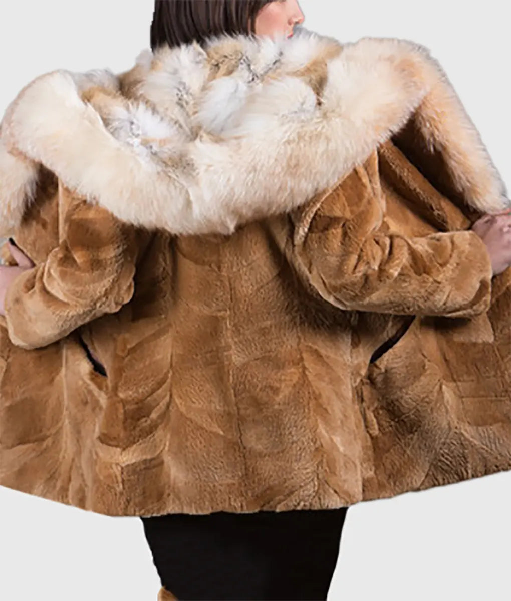 Creme Women Brown Hooded Beaver Fur Coat