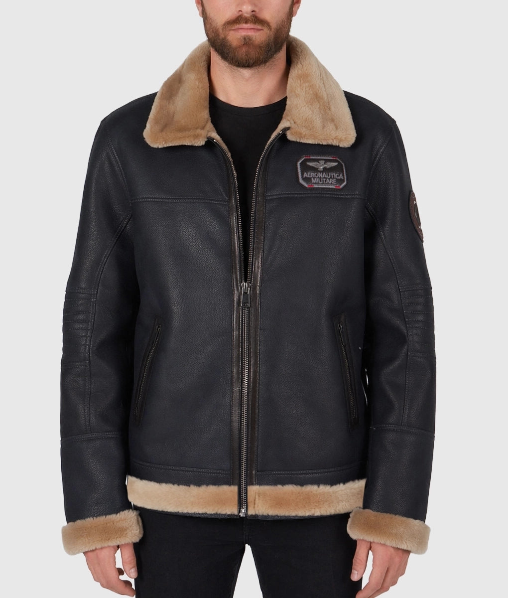 Cret Men's Black Aviator Faux Fur Brown Shearling Trim Collar Leather Jacket | Men's Black Aviator Faux Fur Brown Shearling Trim Collar Leather Jacket-1