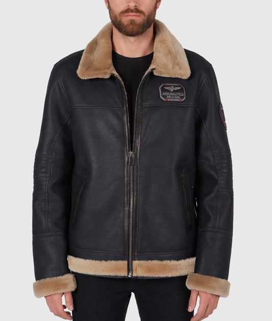 Cret Men's Black Aviator Faux Fur Brown Shearling Trim Collar Leather Jacket | Men's Black Aviator Faux Fur Brown Shearling Trim Collar Leather Jacket-1