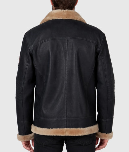 Cret Men's Black Aviator Faux Fur Brown Shearling Trim Collar Leather Jacket | Men's Black Aviator Faux Fur Brown Shearling Trim Collar Leather Jacket-3
