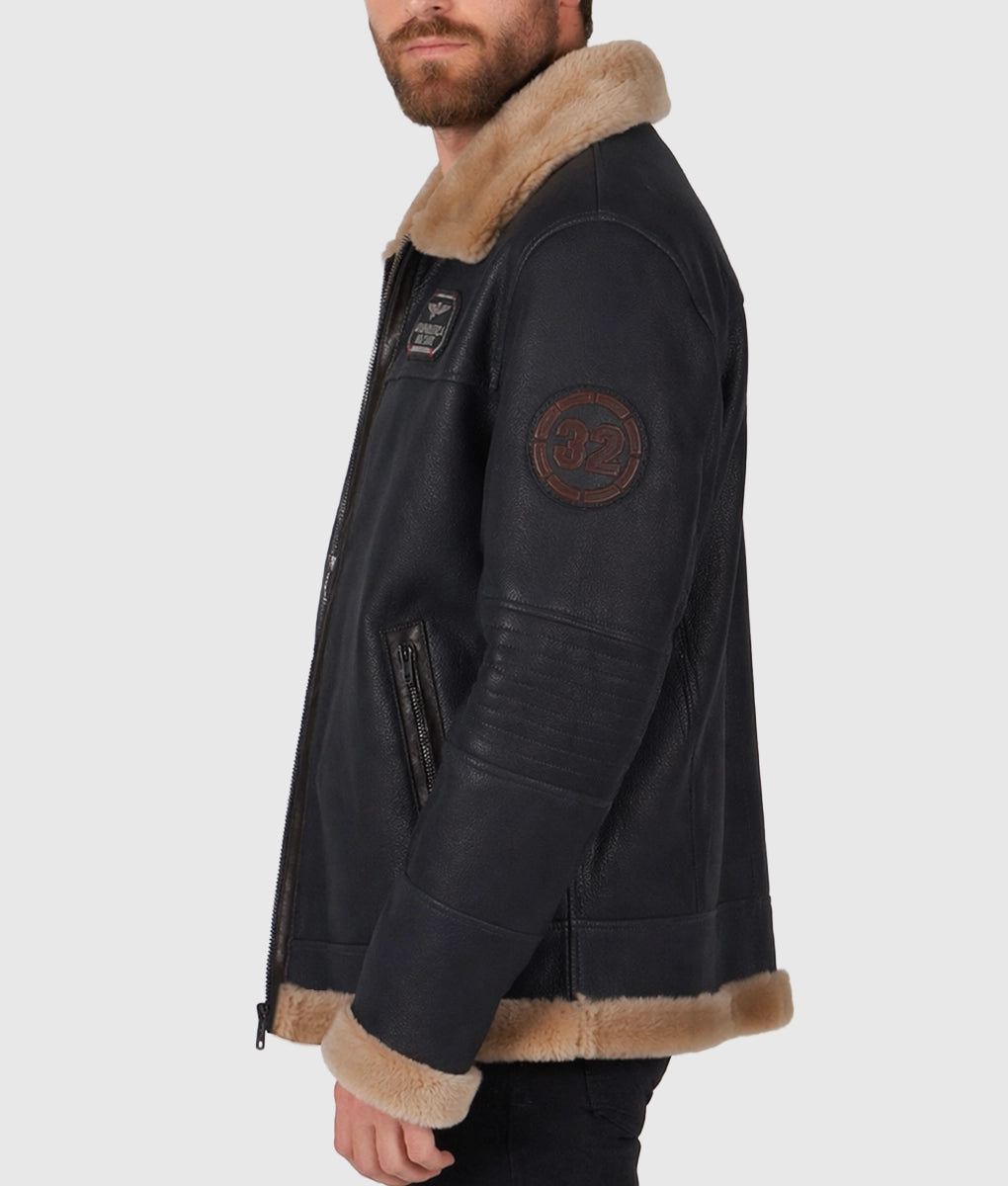 Cret Men's Black Aviator Faux Fur Brown Shearling Trim Collar Leather Jacket | Men's Black Aviator Faux Fur Brown Shearling Trim Collar Leather Jacket-2