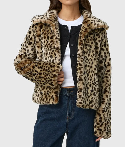 Debora Women Brown Leopard Print Faux Fur Coat