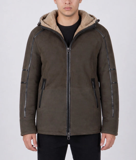 Deus Men's Brown Faux Fur Shearling Lining Hooded Suede Jacket | Men's Brown Faux Fur Shearling Lining Hooded Suede Jacket-1