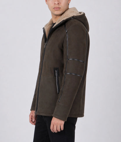 Deus Men's Brown Faux Fur Shearling Lining Hooded Suede Jacket | Men's Brown Faux Fur Shearling Lining Hooded Suede Jacket-2