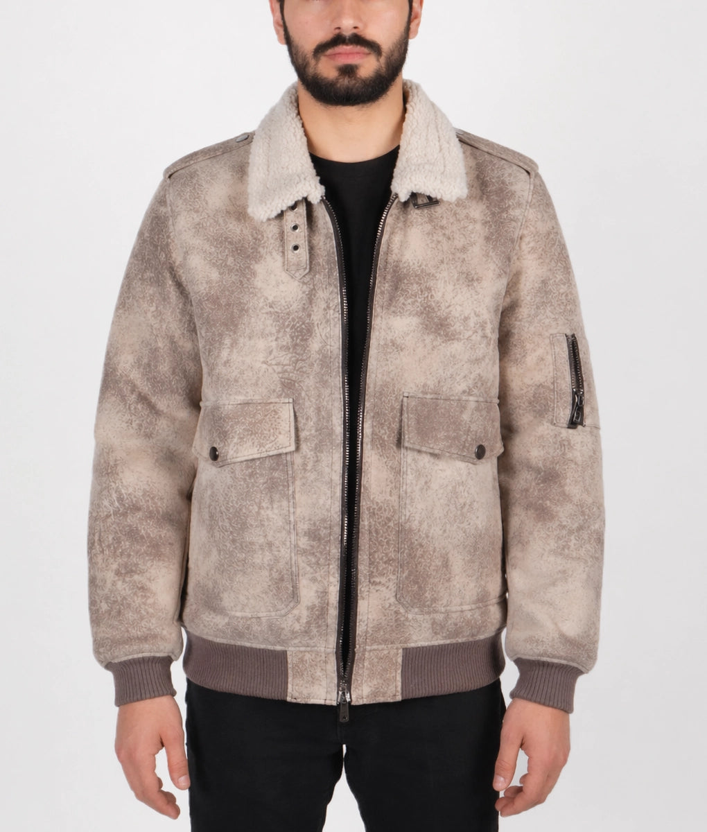 Deus Men's Distressed Brown Aviator Faux Fur Shearling Trim Collar Suede Jacket | Men's Distressed Brown Aviator Faux Fur Shearling Trim Collar Suede Jacket-1